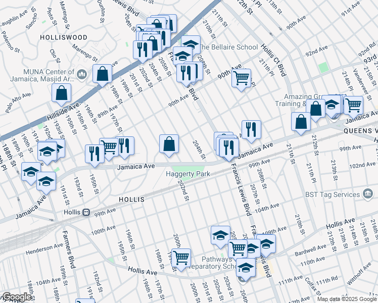 map of restaurants, bars, coffee shops, grocery stores, and more near 93-26 202nd Street in Queens