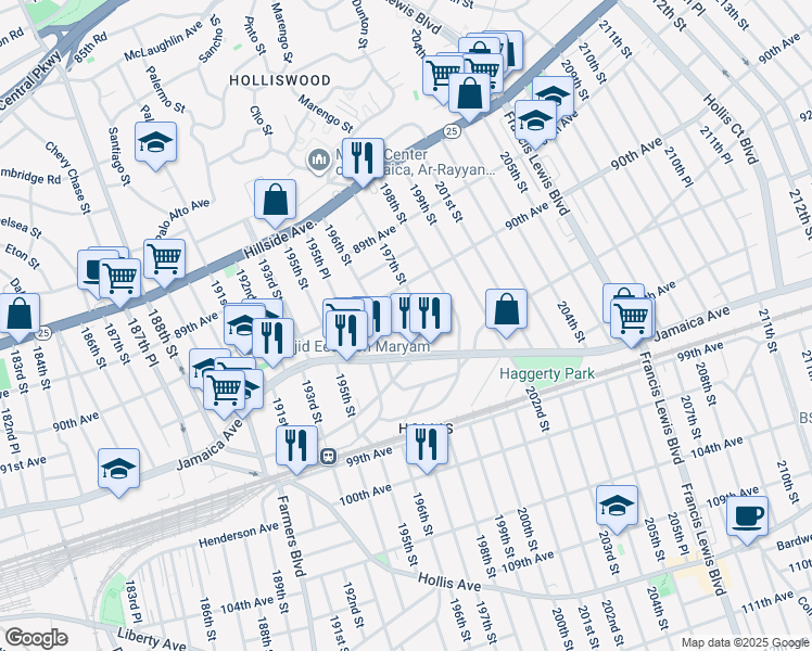 map of restaurants, bars, coffee shops, grocery stores, and more near 90-15 196th Street in Queens