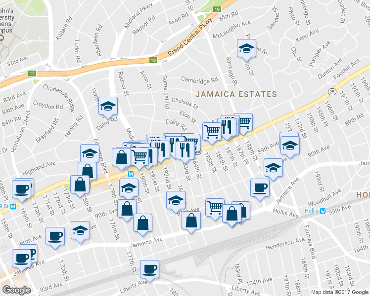 map of restaurants, bars, coffee shops, grocery stores, and more near 182-60 Wexford Terrace in Queens