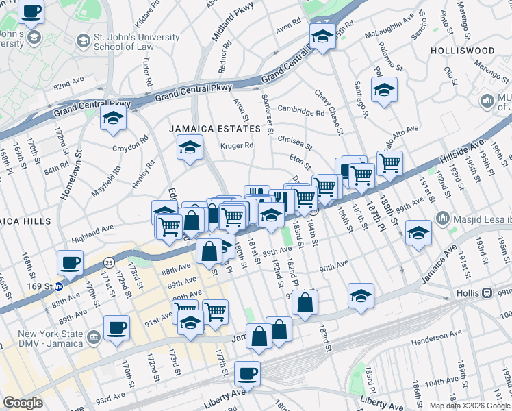 map of restaurants, bars, coffee shops, grocery stores, and more near in Queens