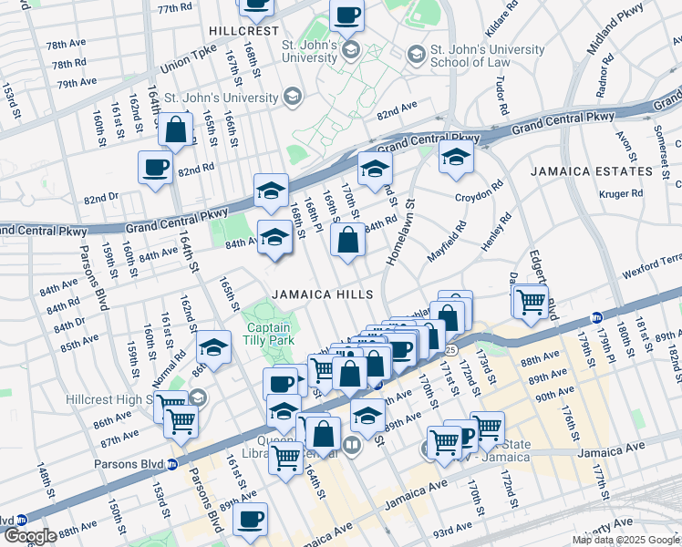 map of restaurants, bars, coffee shops, grocery stores, and more near 84-63 168th Place in Queens
