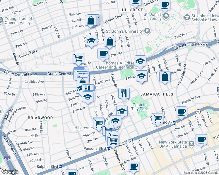 map of restaurants, bars, coffee shops, grocery stores, and more near 161-34 84th Road in Queens