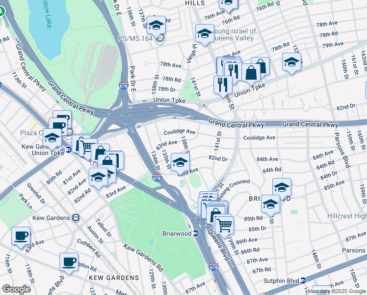 map of restaurants, bars, coffee shops, grocery stores, and more near 82-06 138th Street in Queens