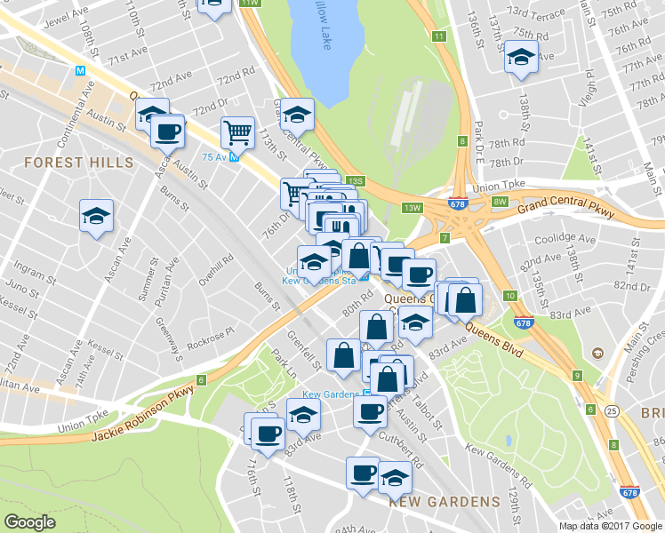 map of restaurants, bars, coffee shops, grocery stores, and more near 78-20 Kew Forest Lane in Queens