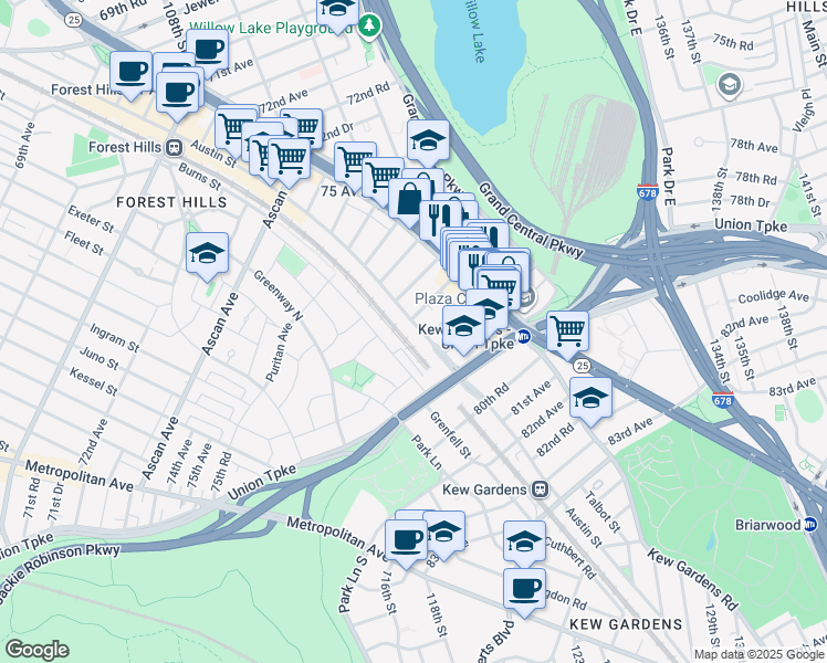 map of restaurants, bars, coffee shops, grocery stores, and more near 76-66 Austin Street in Queens