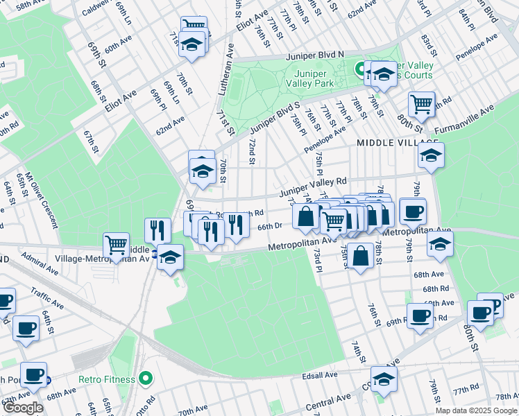 map of restaurants, bars, coffee shops, grocery stores, and more near 72-16 Juniper Valley Road in Queens