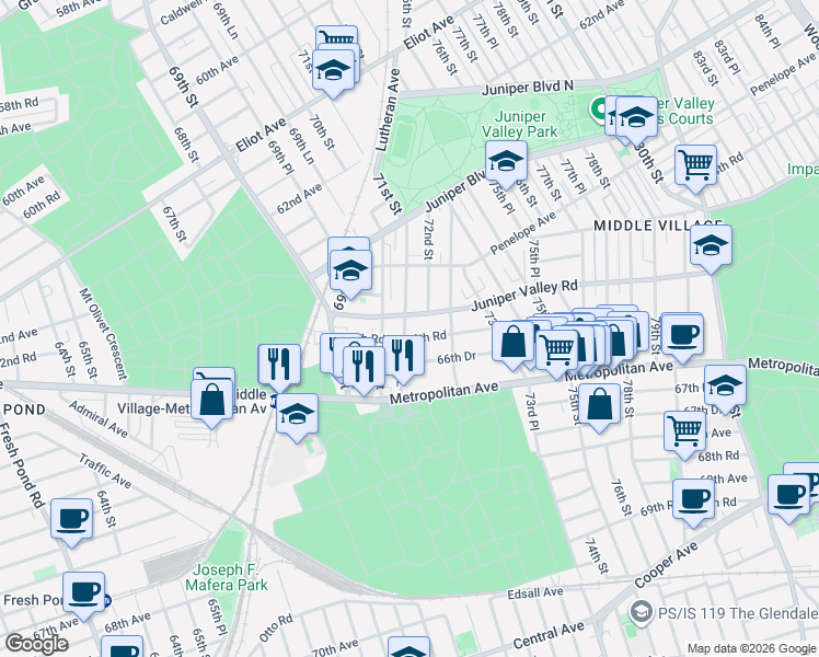 map of restaurants, bars, coffee shops, grocery stores, and more near 71-04 Juniper Valley Road in Queens