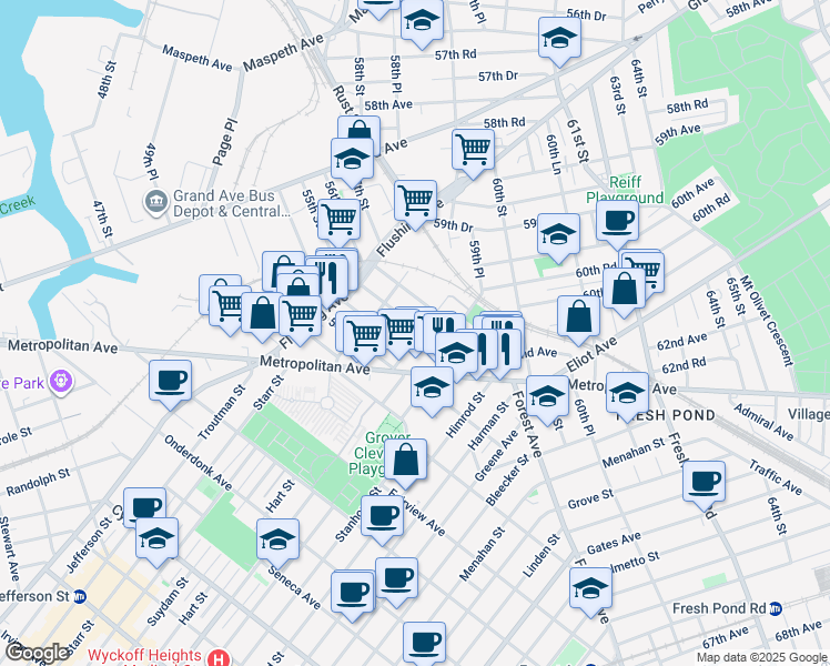 map of restaurants, bars, coffee shops, grocery stores, and more near 60-85 55th Street in Queens