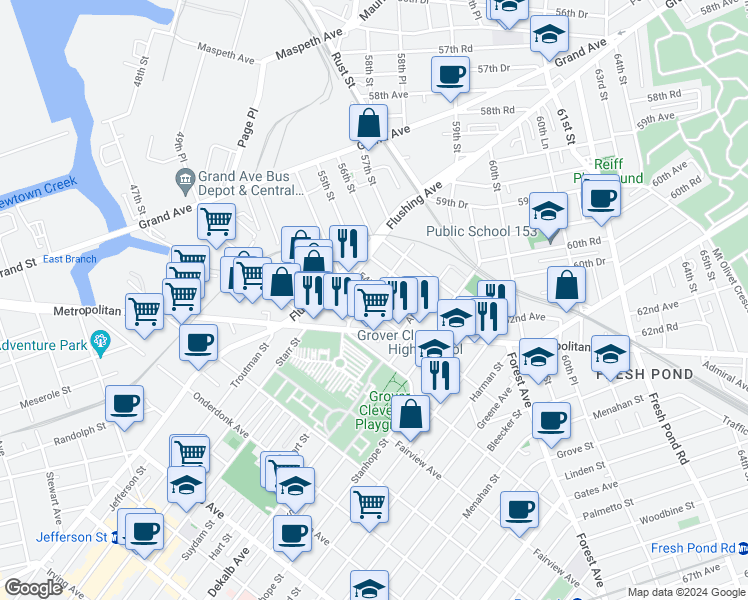 map of restaurants, bars, coffee shops, grocery stores, and more near 60-25 54th Street in Queens