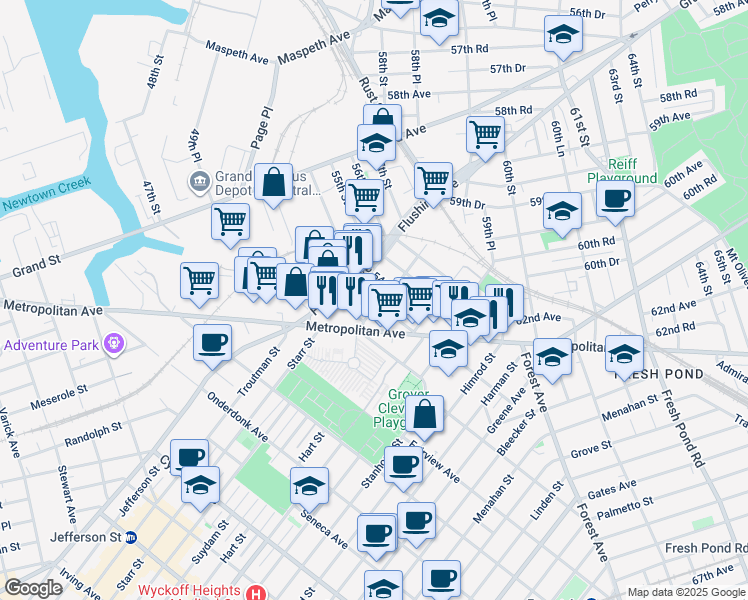 map of restaurants, bars, coffee shops, grocery stores, and more near 60-25 54th Street in Queens
