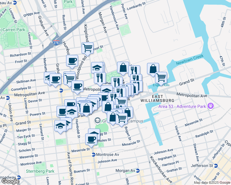 map of restaurants, bars, coffee shops, grocery stores, and more near 991 Metropolitan Avenue in Brooklyn