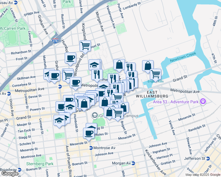 map of restaurants, bars, coffee shops, grocery stores, and more near 991 Metropolitan Avenue in Brooklyn