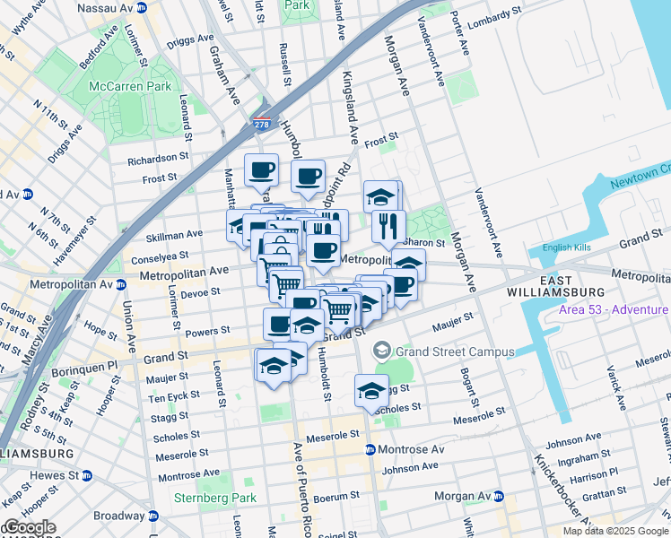map of restaurants, bars, coffee shops, grocery stores, and more near 834 Metropolitan Avenue in Brooklyn
