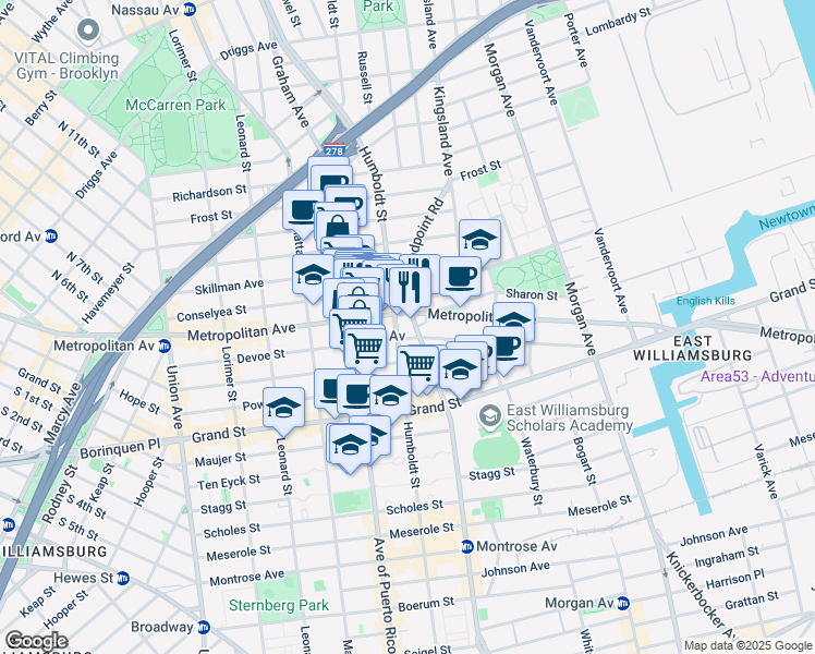 map of restaurants, bars, coffee shops, grocery stores, and more near 790 Metropolitan Avenue in Brooklyn