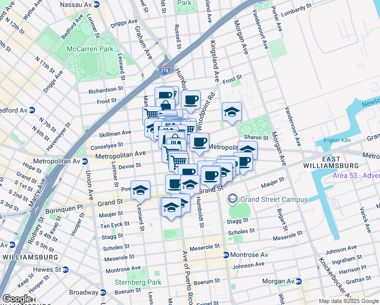 map of restaurants, bars, coffee shops, grocery stores, and more near 790 Metropolitan Avenue in Brooklyn