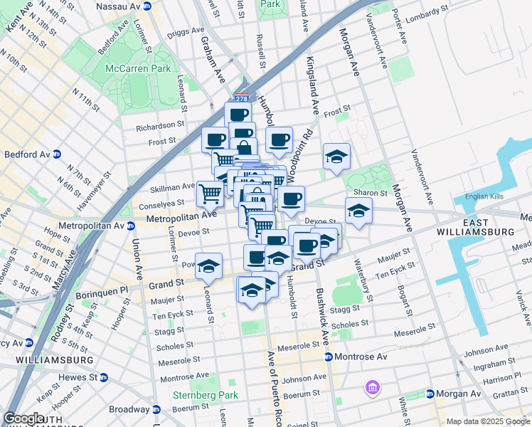 map of restaurants, bars, coffee shops, grocery stores, and more near 752 Metropolitan Avenue in Brooklyn