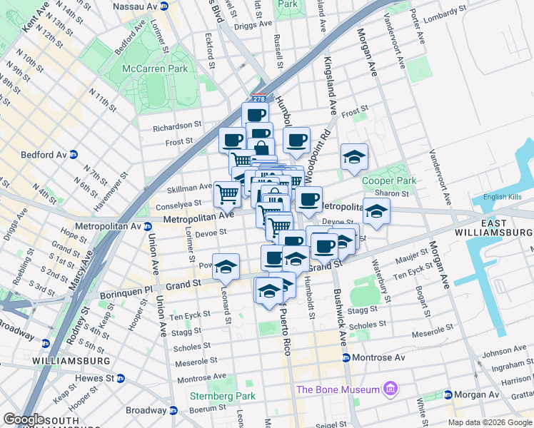 map of restaurants, bars, coffee shops, grocery stores, and more near 752 Metropolitan Avenue in Brooklyn