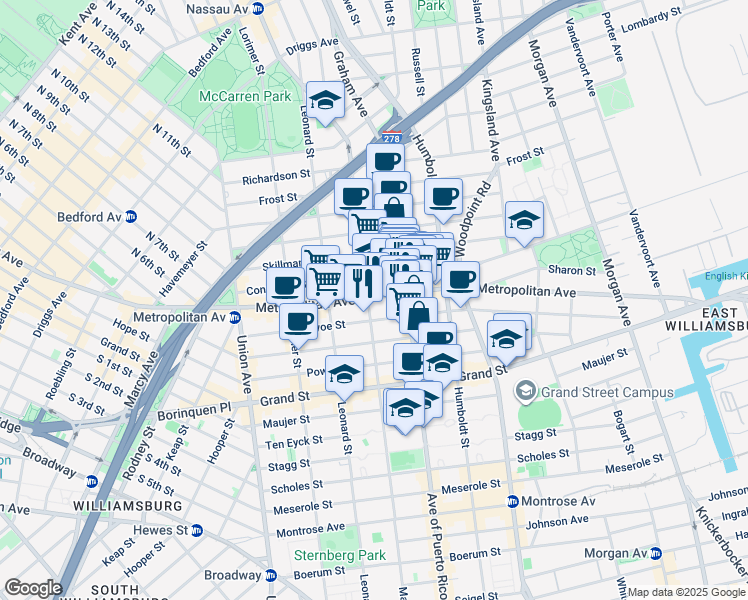 map of restaurants, bars, coffee shops, grocery stores, and more near 713 Metropolitan Avenue in Brooklyn