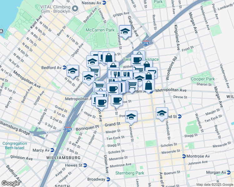 map of restaurants, bars, coffee shops, grocery stores, and more near 609 Metropolitan Avenue in Brooklyn