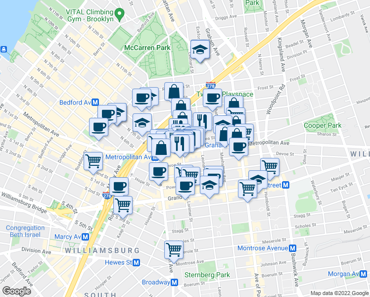 map of restaurants, bars, coffee shops, grocery stores, and more near in Brooklyn