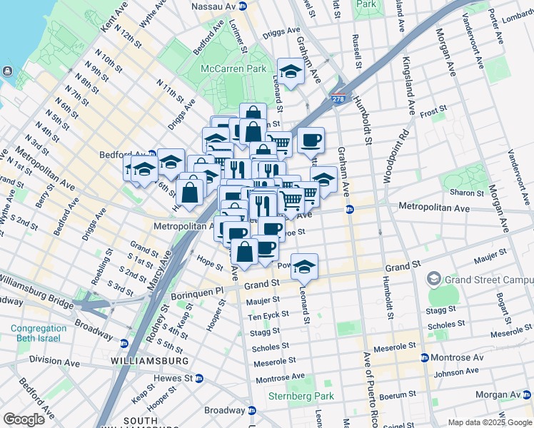 map of restaurants, bars, coffee shops, grocery stores, and more near 609 Lorimer Street in Brooklyn