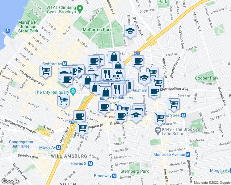 map of restaurants, bars, coffee shops, grocery stores, and more near in Brooklyn