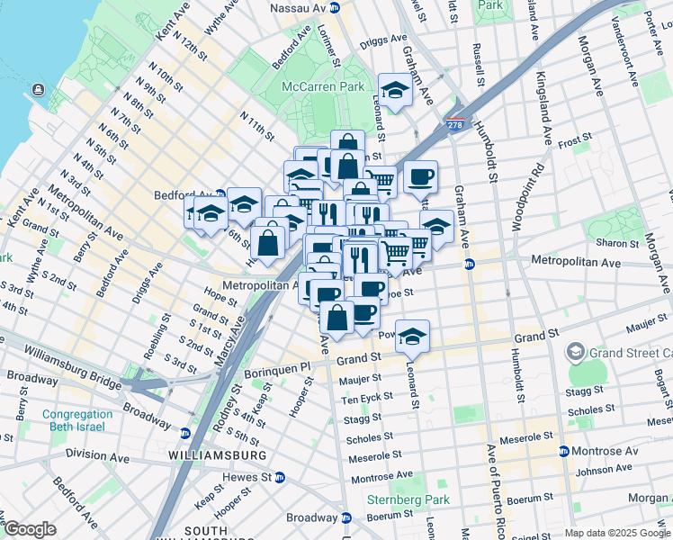 map of restaurants, bars, coffee shops, grocery stores, and more near 609 Lorimer Street in Brooklyn