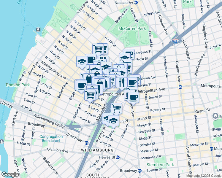map of restaurants, bars, coffee shops, grocery stores, and more near 417-421 Metropolitan Avenue in Brooklyn