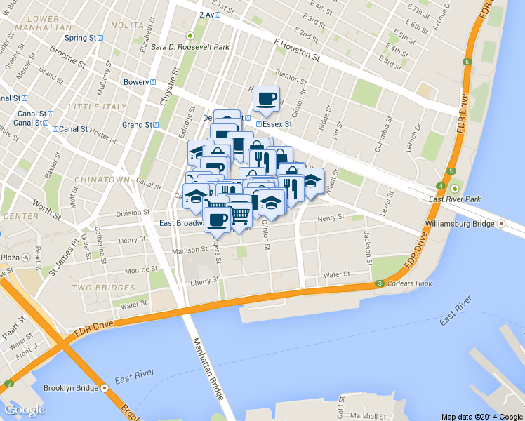 map of restaurants, bars, coffee shops, grocery stores, and more near 212 East Broadway in New York