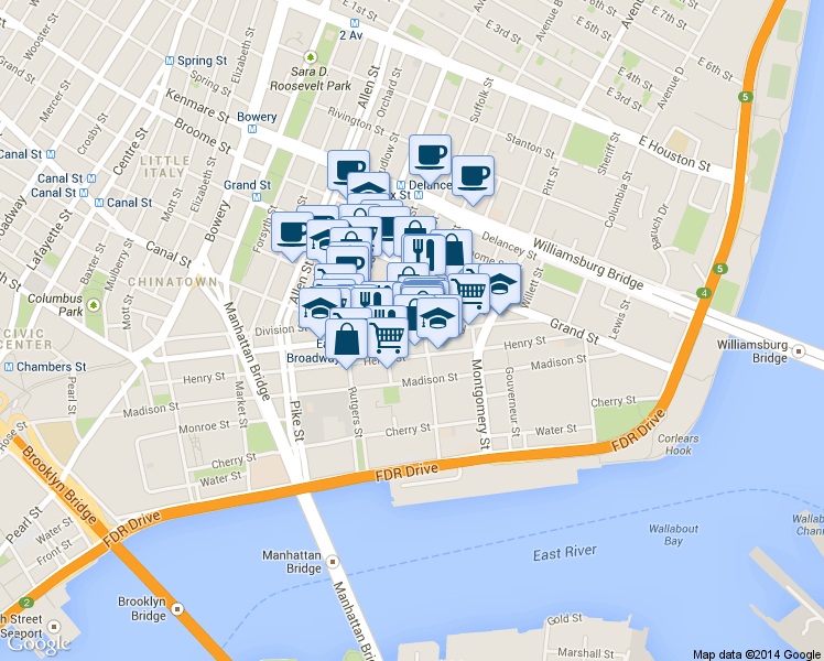 map of restaurants, bars, coffee shops, grocery stores, and more near 212 East Broadway in New York