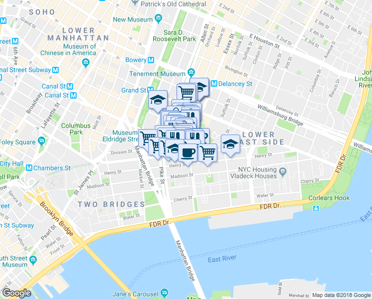 map of restaurants, bars, coffee shops, grocery stores, and more near 153 East Broadway in New York