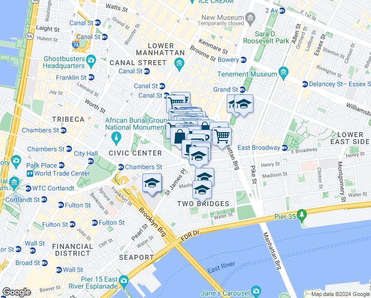 map of restaurants, bars, coffee shops, grocery stores, and more near 12 Chatham Square in New York