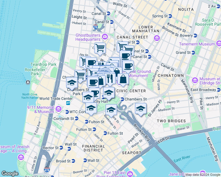 map of restaurants, bars, coffee shops, grocery stores, and more near 278 Broadway in New York