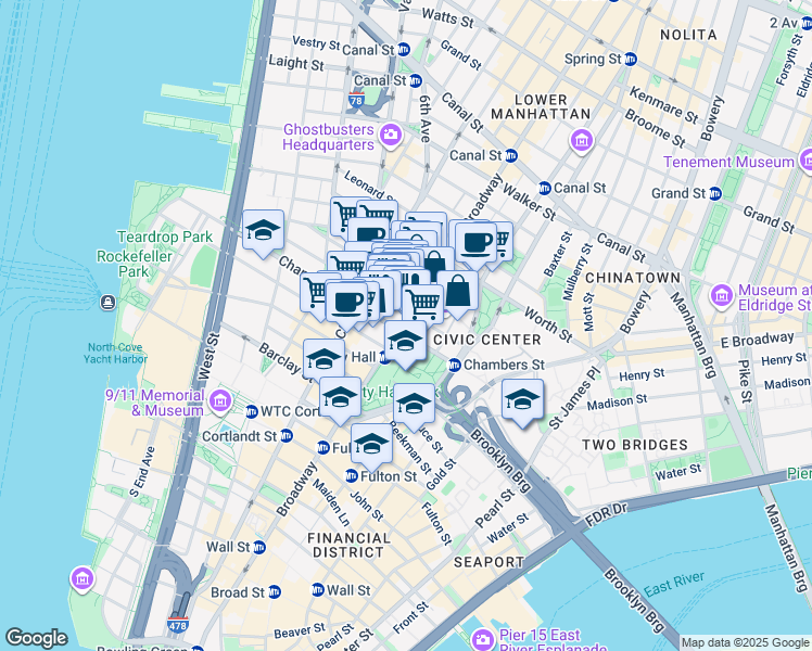 map of restaurants, bars, coffee shops, grocery stores, and more near 278 Broadway in New York