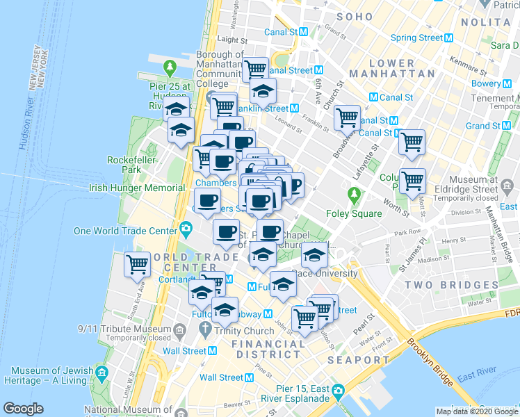 map of restaurants, bars, coffee shops, grocery stores, and more near 165 Church Street in New York
