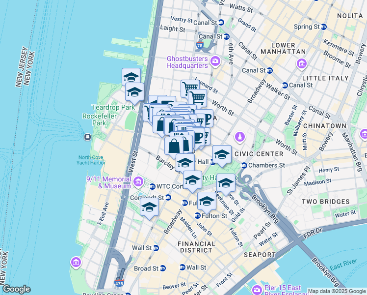 map of restaurants, bars, coffee shops, grocery stores, and more near 56 West Broadway in New York