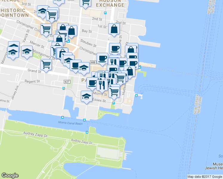map of restaurants, bars, coffee shops, grocery stores, and more near 77 Sussex Street in Jersey City
