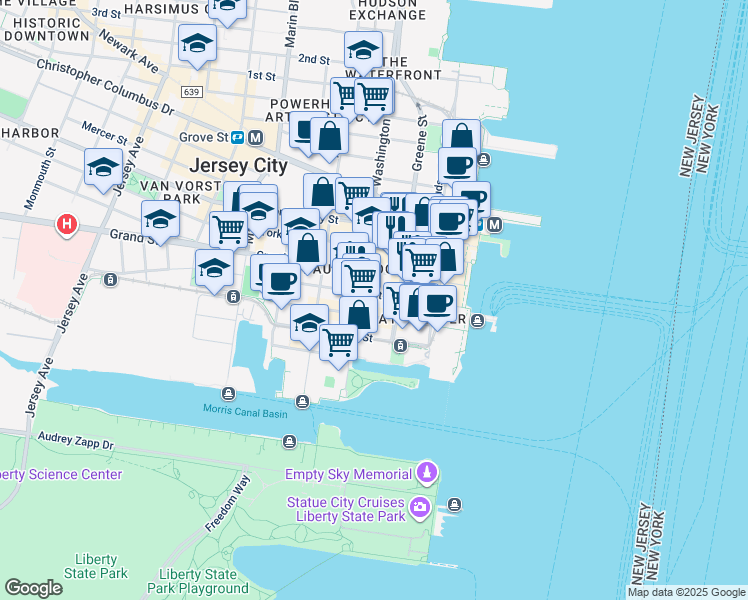 map of restaurants, bars, coffee shops, grocery stores, and more near 77 Sussex Street in Jersey City