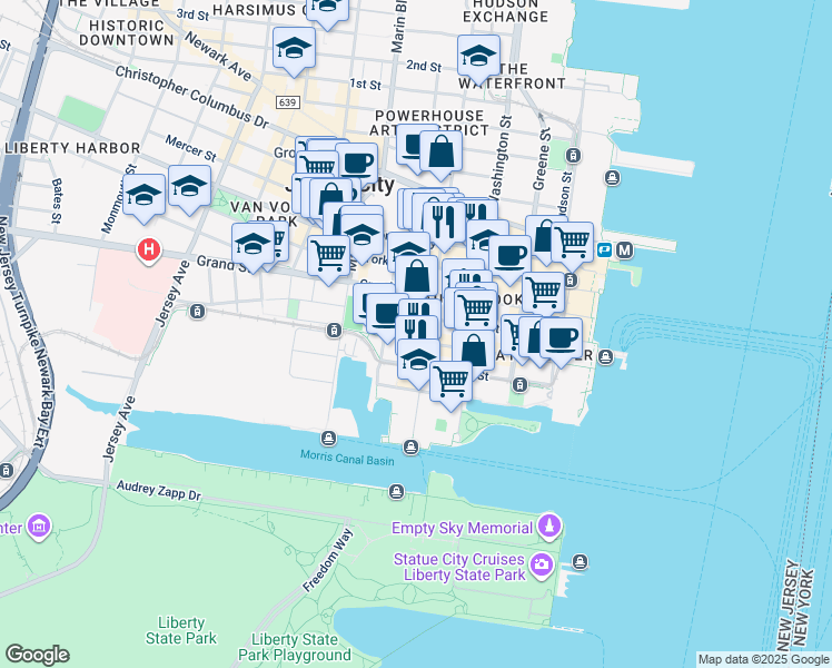 map of restaurants, bars, coffee shops, grocery stores, and more near 207 Warren Street in Jersey City