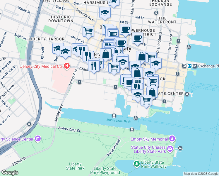 map of restaurants, bars, coffee shops, grocery stores, and more near 220 Morris Boulevard in Jersey City