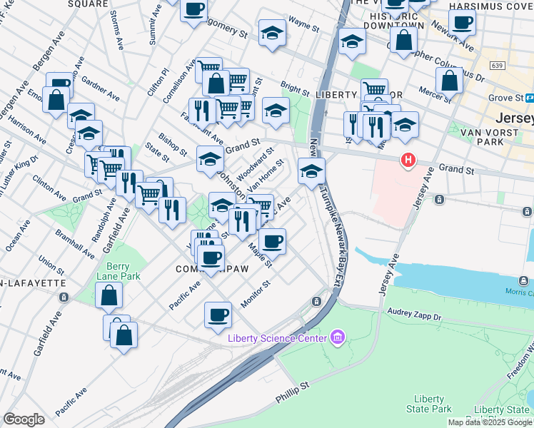 map of restaurants, bars, coffee shops, grocery stores, and more near 390 Halladay Street in Jersey City