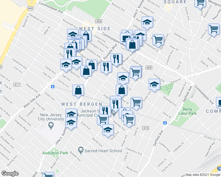 map of restaurants, bars, coffee shops, grocery stores, and more near 105 Oak Street in Jersey City