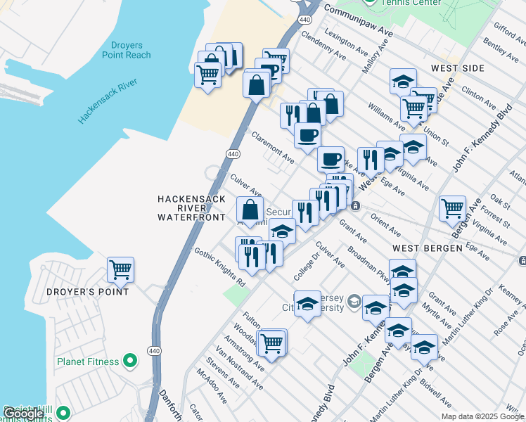 map of restaurants, bars, coffee shops, grocery stores, and more near 211 Culver Avenue in Jersey City