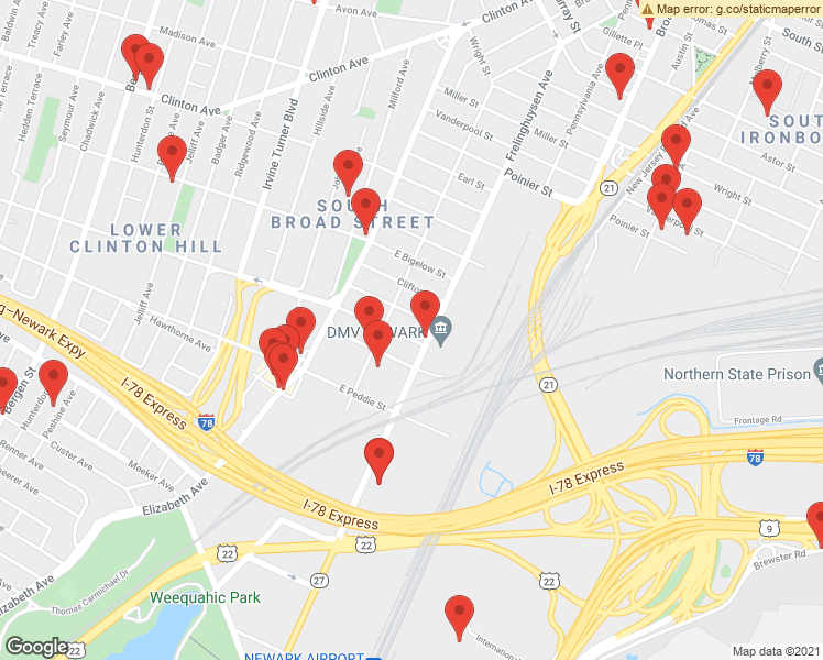 map of restaurants, bars, coffee shops, grocery stores, and more near 205-11 Frelinghuysen Avenue in Newark