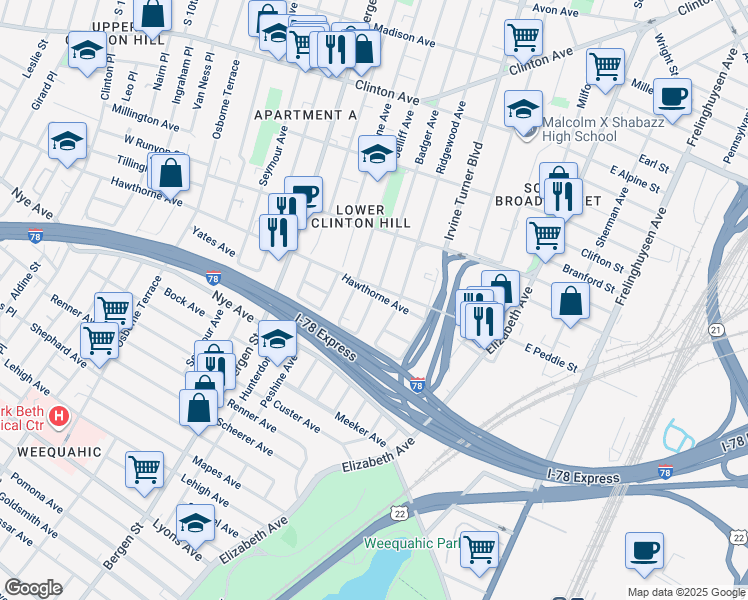 map of restaurants, bars, coffee shops, grocery stores, and more near 345 Badger Avenue in Newark