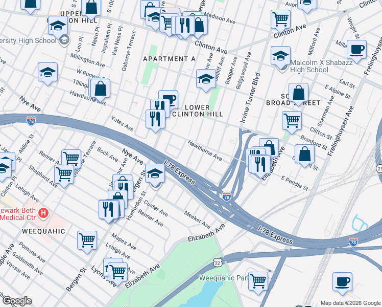 map of restaurants, bars, coffee shops, grocery stores, and more near 358 Peshine Avenue in Newark