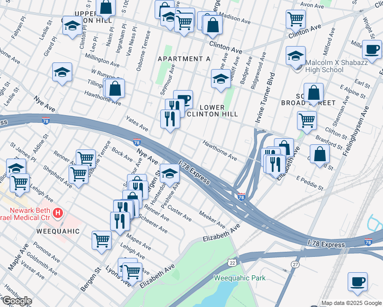 map of restaurants, bars, coffee shops, grocery stores, and more near 836 Hunterdon Street in Newark