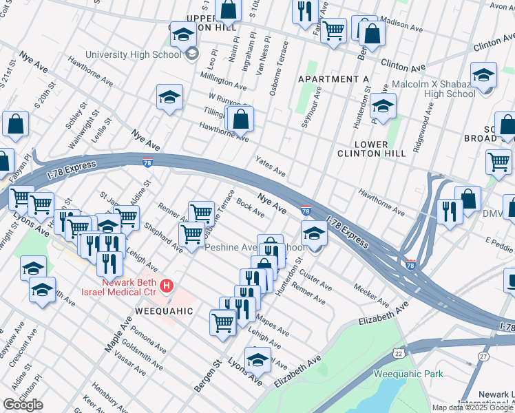 map of restaurants, bars, coffee shops, grocery stores, and more near 22 Nye Avenue in Newark