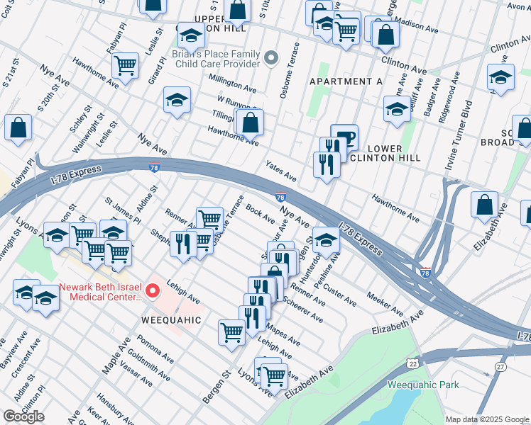 map of restaurants, bars, coffee shops, grocery stores, and more near 22 Nye Avenue in Newark