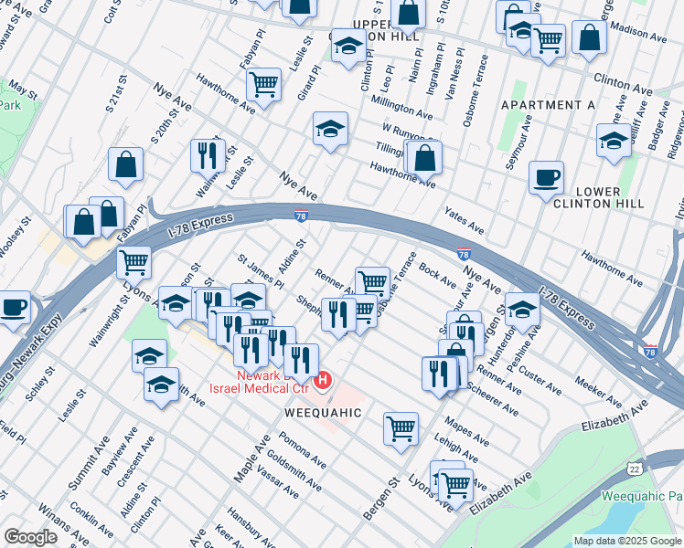 map of restaurants, bars, coffee shops, grocery stores, and more near 95 Schuyler Avenue in Newark